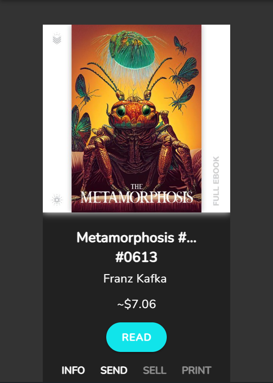 137mdr's tweet photo. "The Metamorphosis," my first NFT book, a great piece of literary history, is now in my possession. 👀
Thanks @Lend_a_Book for hosting such an amazing Giveaway. 
Came 3rd and got this superb Book 📖 
Really excited to read this one.

https://t.co/BHBgGB7yTc https://t.co/68Yff0P9WK