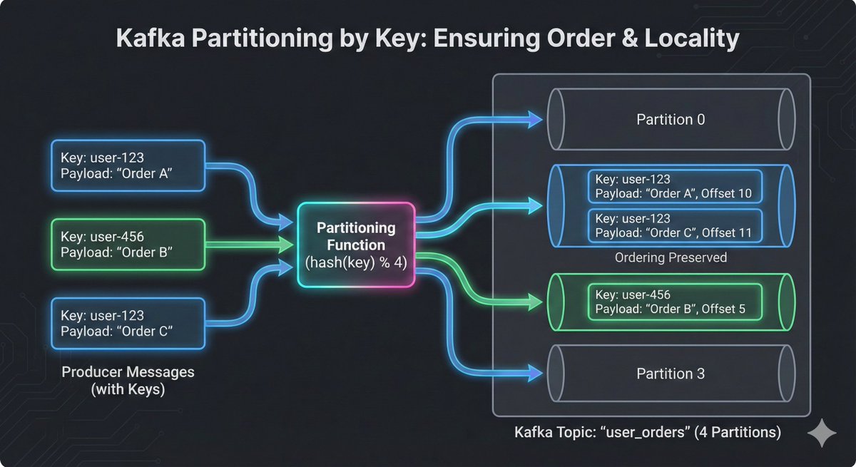 denilgabani's tweet image. Why partitions matter

&amp;gt; One consumer per partition in a group → horizontal scaling = just add consumers (max = # partitions)

&amp;gt; Same key → same partition → ordering guaranteed per key