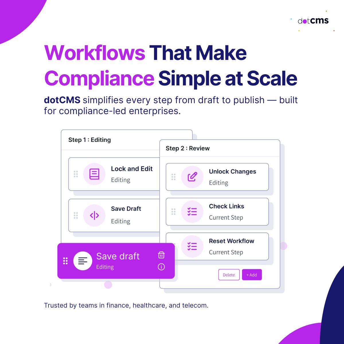 dotcms's tweet image. Keeping content compliant is easier with the right workflows.

dotCMS gives teams a simple, structured way to review and publish content — built for compliance-led enterprises that need clarity, speed, and confidence.

🟣Learn more: dotcms.com/product/workfl…