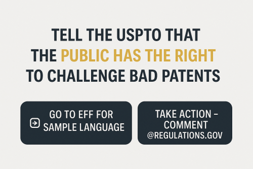 sparkfun's tweet image. We’ve had our fair share of patent trolls over the years.

Now, the USPTO is proposing new rules that would end the public’s ability to challenge bad patents.

So what can you do? Tell the USPTO that the public has the right to challenge bad patents.

hubs.ly/Q03V-bNq0
