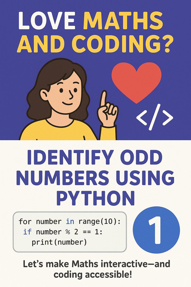 useOfMaths's tweet image. 🚀 Make maths fun with Python!
Learn how to generate **odd numbers** using simple code 👉 usingmaths.com/primary/python…
Perfect for students &amp;amp; teachers exploring coding + numeracy.
#STEM #LearnPython #MathsForKids