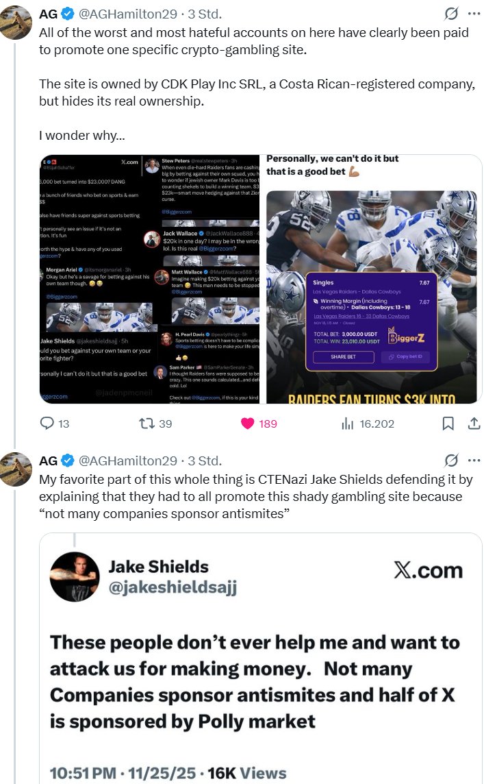 Eine antisemitische Crypto-Glückspielseite
"CTENazi Jake Shields defending it by explaining that they had to all promote this shady gambling site because “not many companies sponsor antisemites”
<a href="/MENA_WATCH/">Mena-Watch</a> <a href="/Gurdur/">Tim Skellett</a> <a href="/HeikoHeinisch/">Heiko Heinisch 🗽</a> <a href="/M_Schaub/">Markus Schaub 🎗️</a> <a href="/MollersPaul/">Paul Möllers</a>