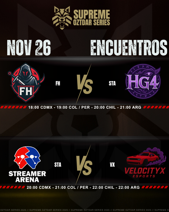 🛑   FECHA 3 – Supreme Oztdar Series League 2025
 DÍA 9 🔥

🔸 18:00 PM🇲🇽 FH vs HG4
🔸 20:00 PM🇲🇽 STA vs VX
🔍 Analista: <a href="/ProdyX86/">Vane Mollo</a> 
🎤 Casters: <a href="/criscaster_/">cris</a> · <a href="/randomelgamer/">Kevin 'Rand0m' Vairo Vazquez</a> 

📺🟣 twitch.tv/oztdaresports
         
#SupremeOztdarSeries #OZTDAREsports #LATAMNorte #TorneosValorant
