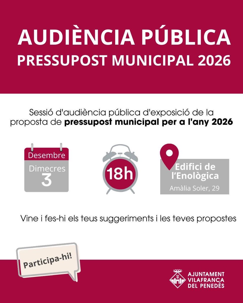 📊El proper dimecres 3 de desembre, a les 18h, se celebrarà a l’edifici de l’Enològica una audiència pública d'exposició del projecte de pressupost municipal per a l'any 2026, a càrrec de l’alcalde <a href="/FRomeroGamarra/">FranCisco Romero Gamarra</a> i del regidor d’Hisenda, Miquel Medialdea.
#Vilafranca