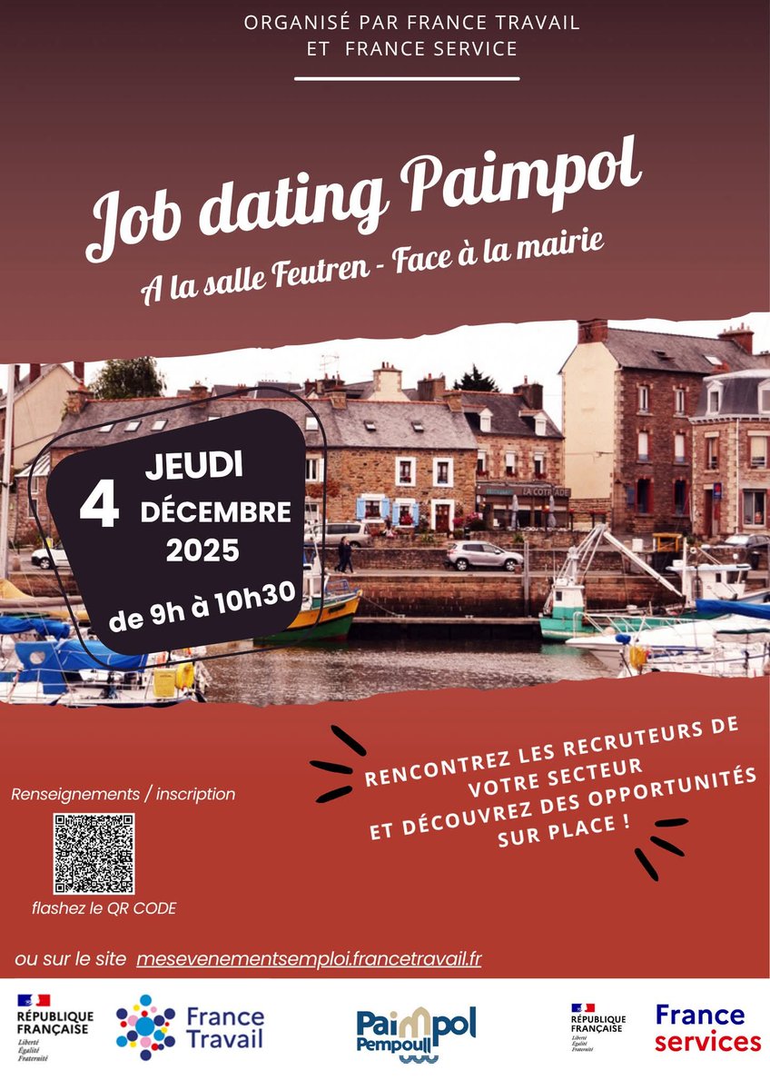📢 #Événement : Petit Déjeuner de l'Emploi à Paimpol ! ☕️

📅 Le 4 décembre de 9h à 10h30 à la salle Feutren, face à la mairie de 👉mesevenementsemploi.francetravail.fr/mes-evenements…