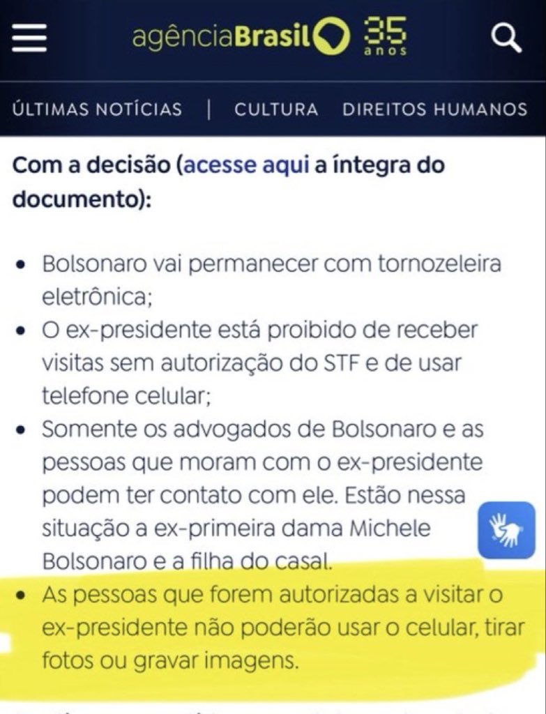 <a href="/nikolas_dm/">Nikolas Ferreira</a> Todos vocês que recebem autorização pra visitar o bolsoluço recebem uma ata com informações do que é ou não permitido durante a visita, e ainda que não um parlamentar (mesmo os inúteis como você) tem acesso a informação e isso está de fácil localização na Internet, coisa que