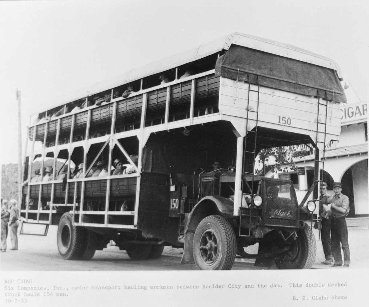 #ThrowbackThursday goes to the 1930s and “Big Bertha,” the double-decker bus that carried more than 150 men at a time to work on Hoover Dam. Think your commute is tough? Their work helped create a landmark still standing strong.
 
 📷 Photo: UNLV archives