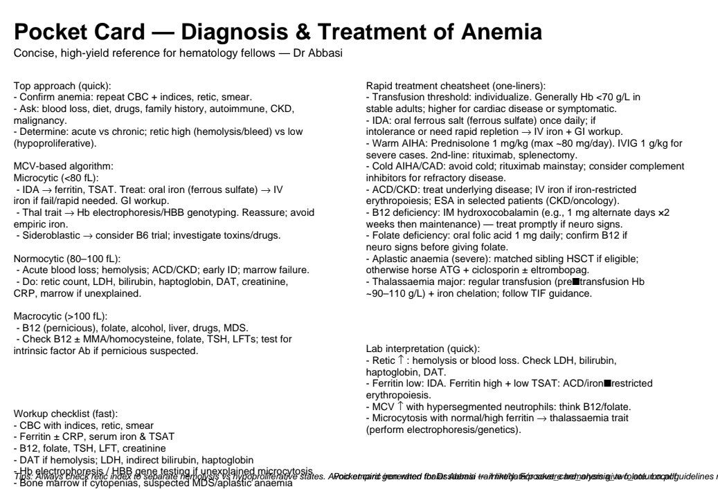 One page pocket card for anemia. Keep it with you during rounds.

Residents and fellows!!!!!

#MedTwitter 
#anemia