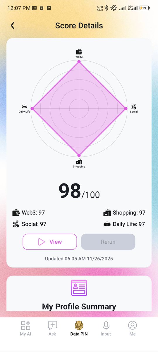 mis744's tweet image. @pinai_io 
Just hit a 98/100 Score! 🚀🔥
Web3, Social, Shopping, Daily Life—every category sitting at 97+.
Feeling proud of this consistent performance! 💯✨
Onwards to a perfect 100/100 soon! 💪😎

#PINAI #ScoreDetails #Web3 #Progress