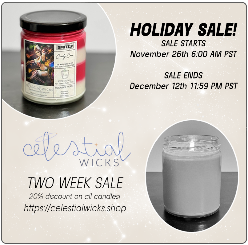 CelestialWicks's tweet photo. It's been a bit, but I've been cooking up a lot of stuff behind the scenes!

Holiday Sale - 20% off of all candles STARTS TODAY!
7 new SMITE related scents have been released! 

New products are also available :) https://t.co/gbJkZZf2Z4