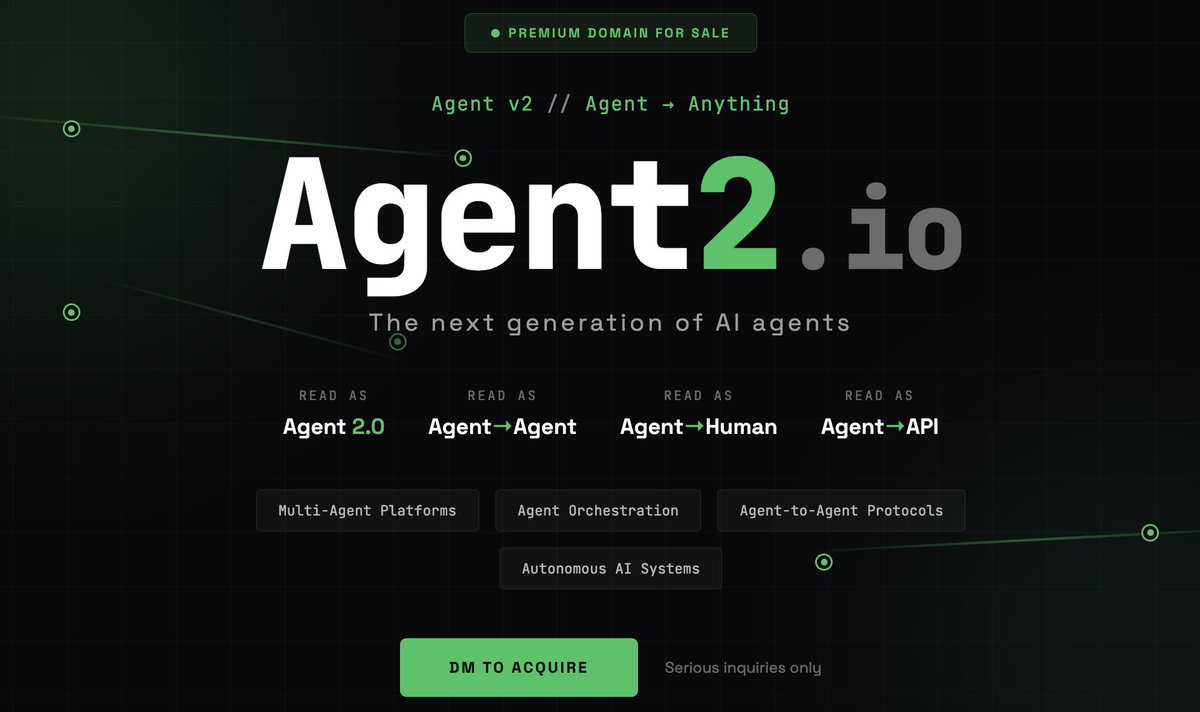 BrandMoatAI's tweet image. Agent2.io

Read it two ways:
- Agent 2.0 — next-gen AI agents
- Agent→Anything — A2A, A2H, A2API

The agentic AI era needs a name.

This is it.

DM →

#AgenticAI #AIagents #LangChain #AutoGPT #CrewAI #domains #AI