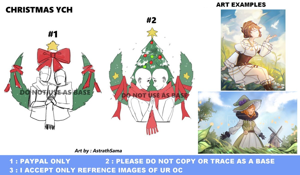 astrathastrath1's tweet image. Open YCH Comms 
⭐️christmas ⭐️

Base price  : 
55$

rules :
paypal /Kofi 

slots limited 
2 

#ych #commissions #christmas #art