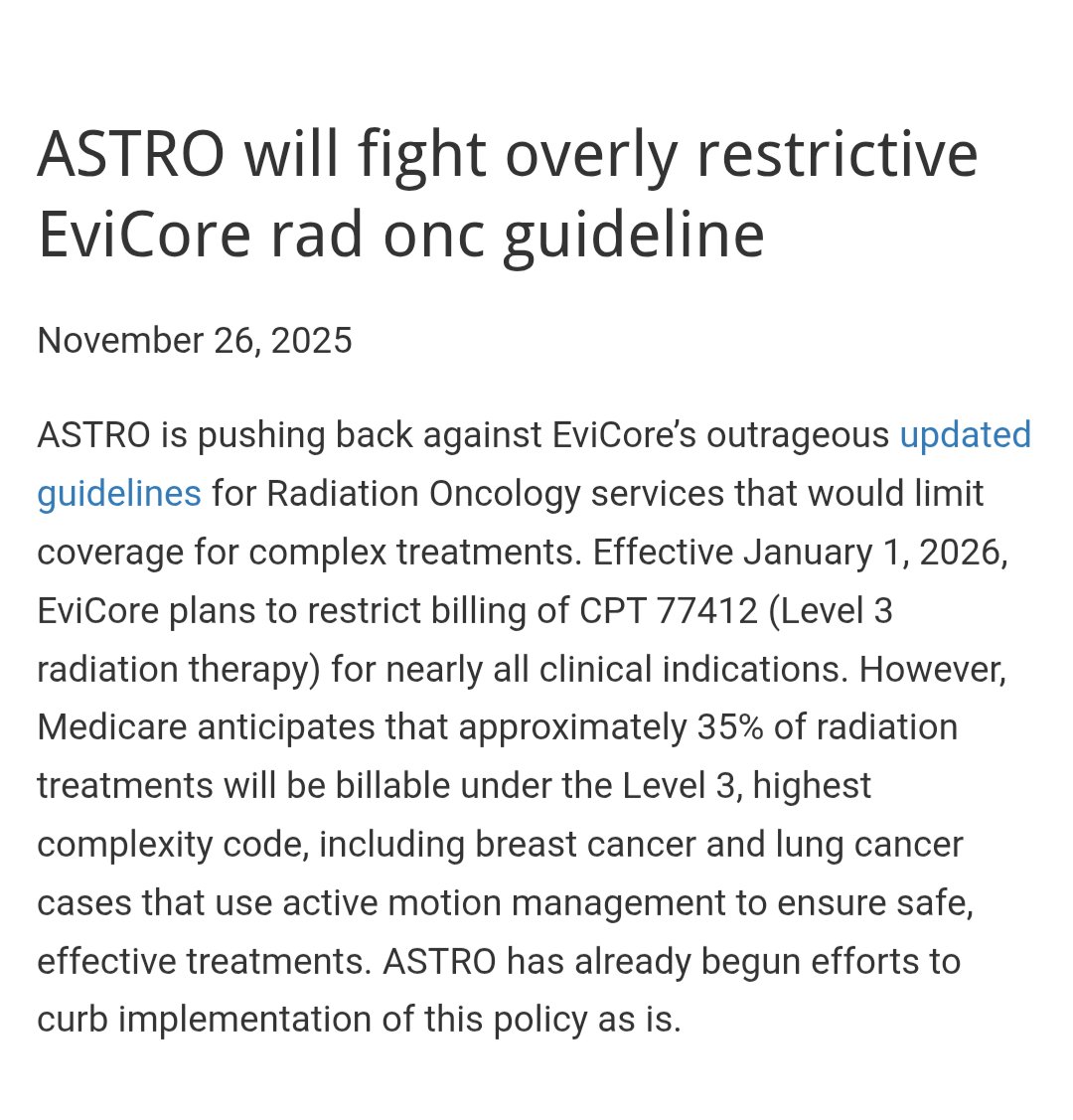 yuanjamesrao's tweet image. I&apos;m very glad that ASTRO has taken notice of EviCore&apos;s overly restrictive implementation of the new coding system.  #radonc