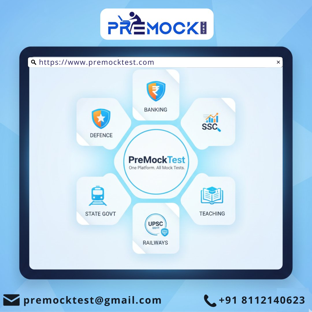 PremockT90018's tweet image. From Banking to UPSC—Prep Smarter with PreMockTest!
#PreMockTest #OnlineMockTest #GovtExamPreparation #SSCMockTest #BankingExamPreparation #UPSCPreparation #RailwayExam #StateGovtJobs #TeachingExam #DefenceExam #CompetitiveExams #PracticeToPerfect #IndiaExams #TestYourKnowledge
