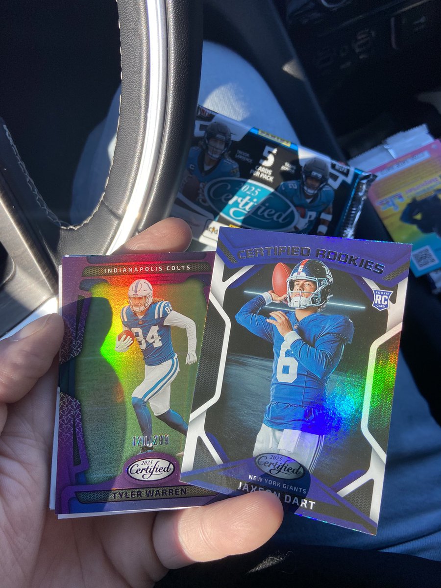 TomAdams23's tweet photo. Picked up a hobby pack of @PaniniAmerica Certified Football on the way home from work and did pretty well! Tyler Warren’s one of my favorite players and an absolute beast, nice lil car rip! @CardPurchaser @DJergs @JergelDynasty @Pgriff15 https://t.co/f8dIkpeB9w