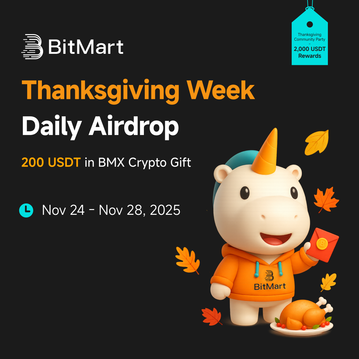 BitMartExchange's tweet image. 🦃 BitMart Thanksgiving Week Daily Airdrop - DAY 3!

🔥 Today’s challenge: Design a Thanksgiving-themed profile picture for BitMart! 🎨

🧡Show us your best festive BitMart vibes:
1️⃣ Create a Thanksgiving-style BitMart PFP
2️⃣ Drop your design + your CID in the comments

💰 1…