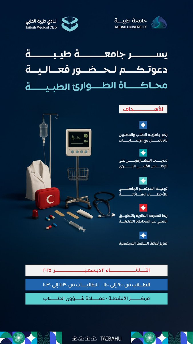 #جامعة_طيبة تنظم
فعالية محاكاة الطوارئ الطبية
لتعزيز جاهزية التعامل مع الإصابات الحرجة
وربط التدريب العملي بالمعرفة النظرية

🗓️ الثلاثاء ٢ ديسمبر ٢٠٢٥