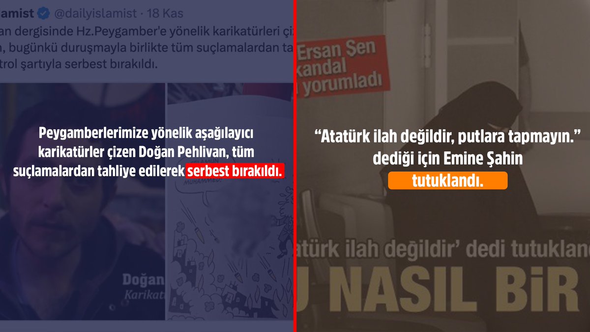 ❗ÇİFTE ADELET❗

Peygamberlerimize Yönelik Aşağılayıcı Karikatürler Çizen Doğan Pehlivan, Tüm Suçlamalardan Tahliye Edilerek Serbest Bırakıldı;

"Atatürk ilah değildir, putlara tapmayın" dediği için Emine Şahin tutaklandı!

İTLER SERBEST TAŞLAR BAGLI

#KutsalDeğerlerHedefte