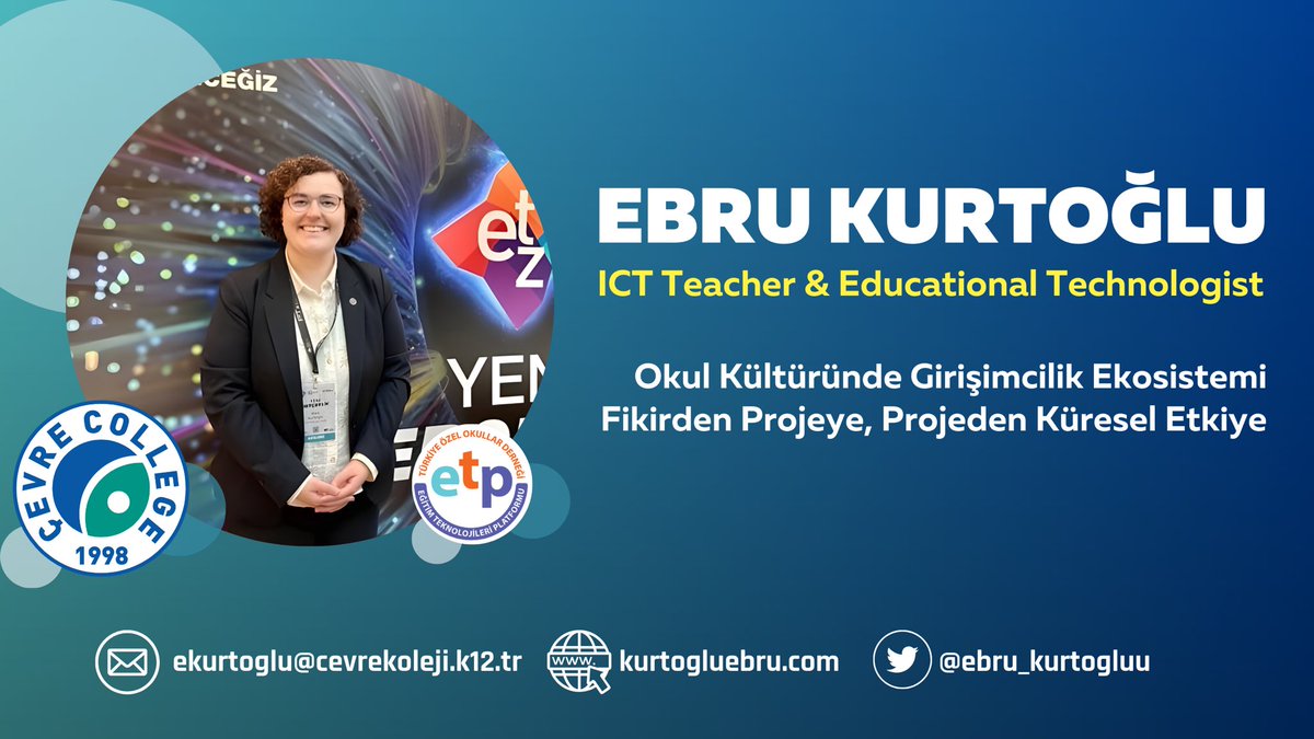 ebru_kurtogluu's tweet photo. 29 Kasım'da Yeditepe Üniversitesi X. Eğitim Teknolojileri Konferansında buluşalım… ⭐️

Girişimcilikle yaratıcılık ve özgüveni geliştirip, fikirleri toplumsal etkiye dönüştürme yollarını konuşacağız.

📍 Salon 4H19 / 11:45

#ETP2025 #GirişimcilikEğitimi #Eğitimdeİnovasyon https://t.co/OAGxihzV7w