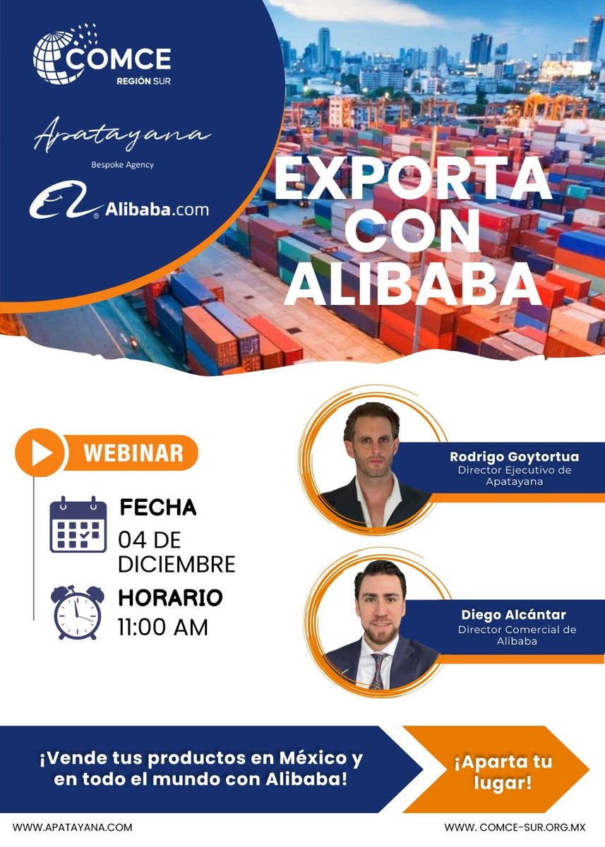 COMCE_Sur's tweet image. COMCE Sur, en colaboración con Alibaba.com, te invita al webinar: “Exporta con Alibaba”

Participa en esta sesión exclusiva y descubre cómo impulsar tus ventas internacionales a través de una de las plataformas de comercio electrónico más grandes del mundo.

🗓 Fecha:…
