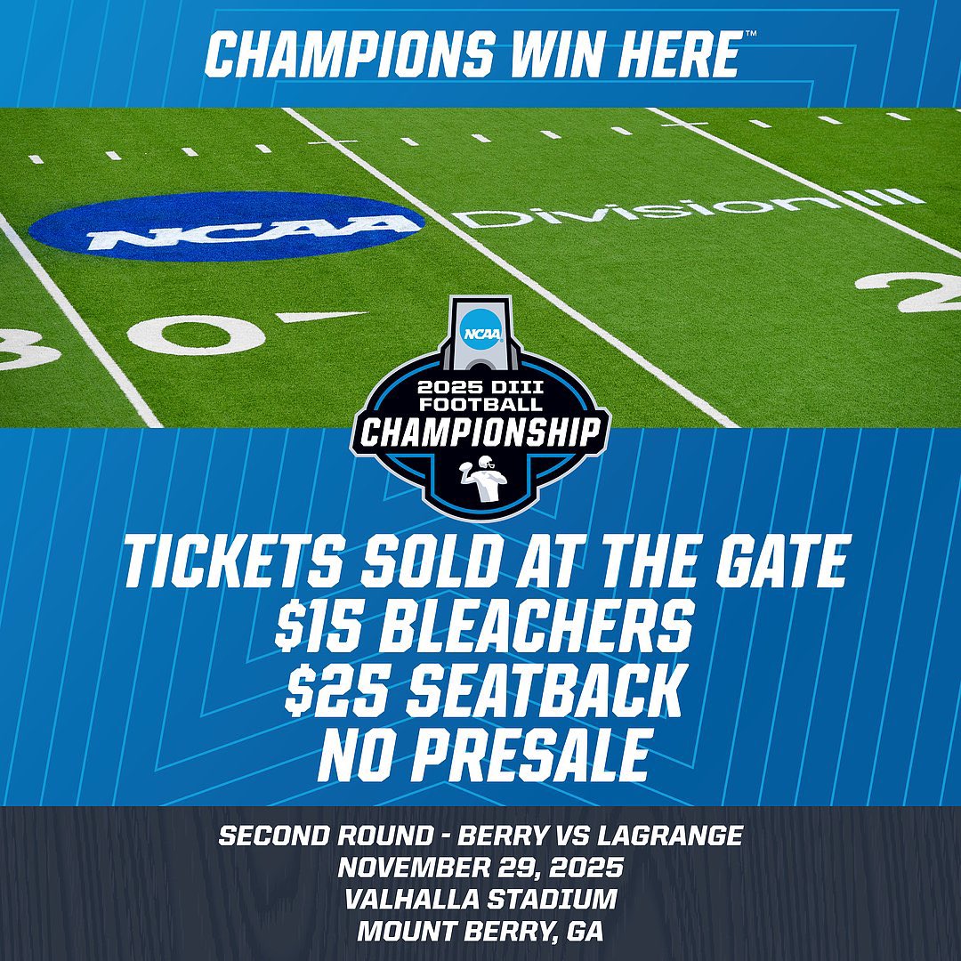 BerryFootball's tweet image. ‼️REMINDER‼️: There will be no presale tickets for our home playoff matchup against LaGrange the Saturday! Tickets will be available for purchase at 10am at the Gate. We’ll see you at 12pm for Kickoff!  #BUILD #d3fb