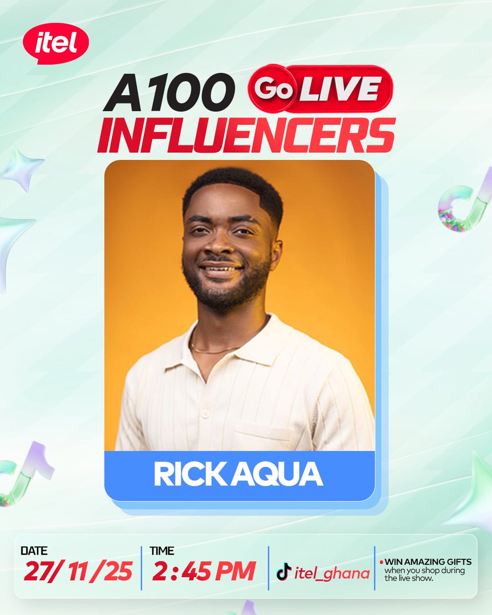 itelghana's tweet image. 📷 A100 Go Live with Rick Aqua!
Catch the full experience, discover more about the A100, and win big during the live show!
📷 27/11 | 📷 2:45 PM
Follow @itel_ghana to join!
#A100
#AIForEveryone