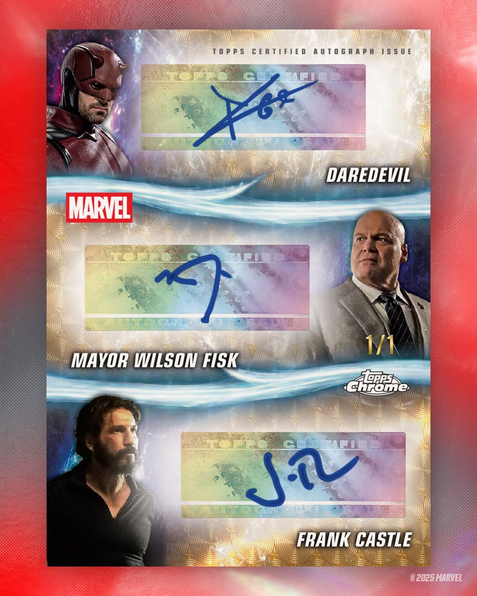 manwithoutfear's tweet image. There is a new Topps Chrome Marvel Studios set that will feature several Daredevil: Born Again base cards and &quot;The Snap&quot; versions, as well as autographed cards 

topps.com/pages/topps-ma…