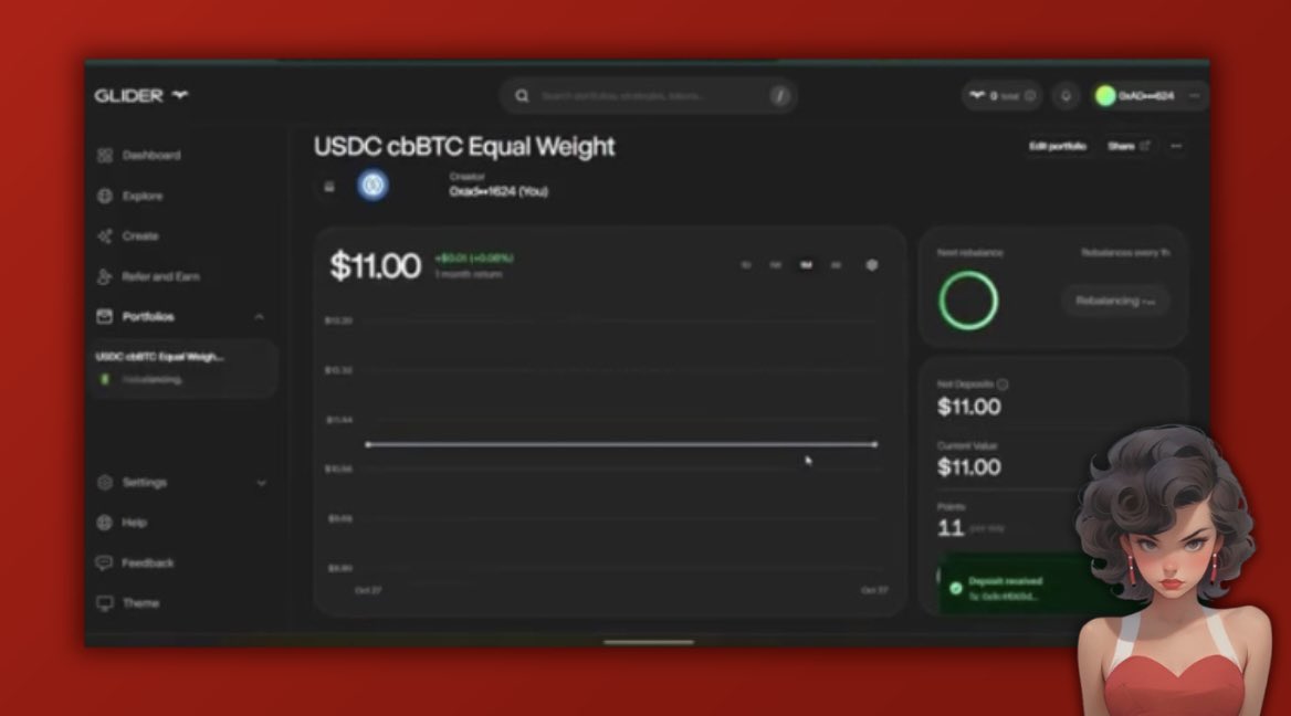 deposited smol funds into <a href="/glider_fi/">Glider</a> to earn points..

wtf is glider?

it’s a crypto investing app where you can create your own automated portfolio or choose from existing strategies, all without dealing with gas fees, bridges, or chains.

sign once, fund it, and it handles the