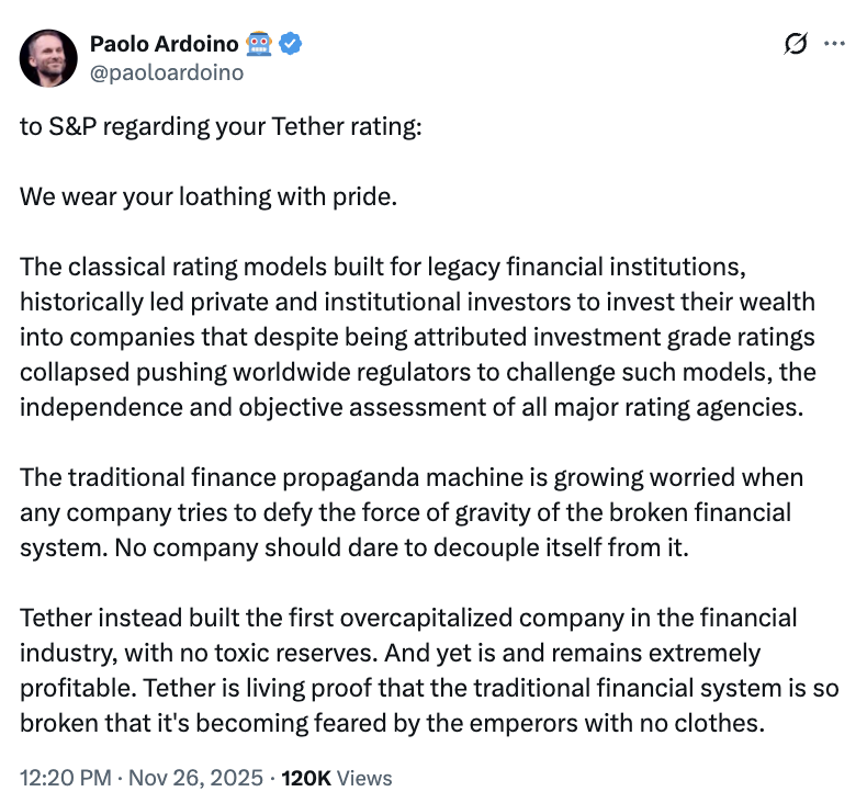 CoinDesk's tweet photo. 🚨 NEW: Tether CEO Paolo Ardoino fires back at S&amp;P after its Tether rating, saying the agency’s legacy models failed investors for decades and that Tether is overcapitalized "with no toxic reserves.”

He adds: “We wear your loathing with pride.” https://t.co/xi5qpY3i9Y