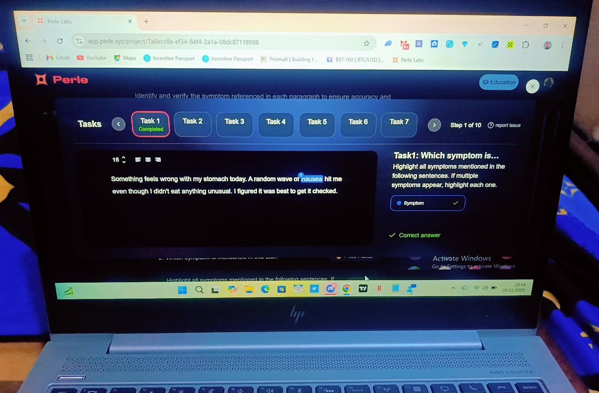 New tasks on <a href="/PerleLabs/">Perle Labs</a> /Guide 

 Task →"MedicalQuest"

Reward →1k point 
If you have 2.5 multipliers today 
Your rewards → 2.5k point.

🔗 Links 
app.perle.xyz/join/djL22a
Code →djL22a

YOUR JOB 
 Your job is to spot the symptom words mentioned and highlight them.

Help shape
