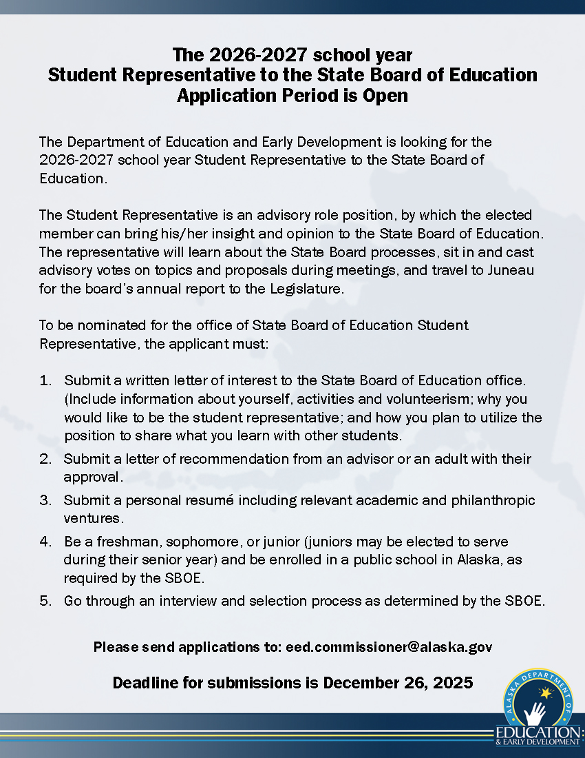 Applications for the 26-27SY Student Representative to the State Board of Education are open until December 26th!