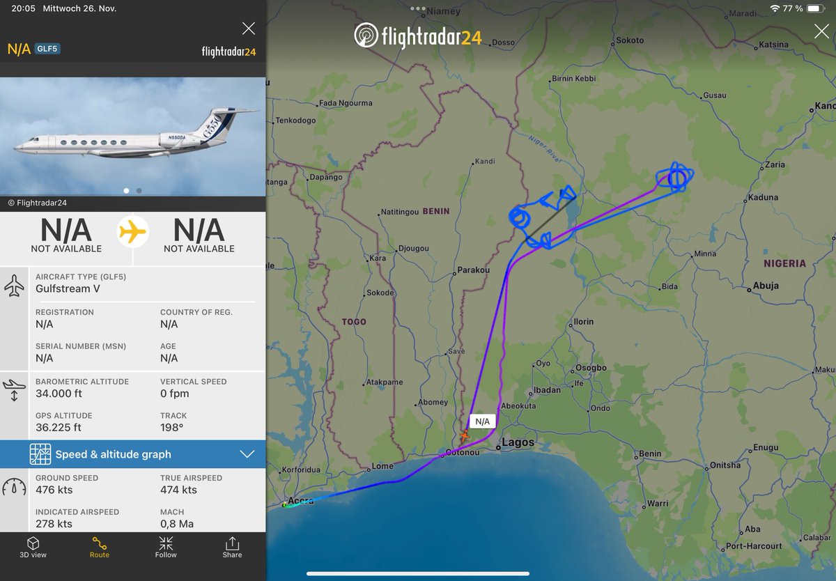 fabsenbln's tweet image. #Nigeria🇳🇬 - On Nov. 14th a Tenax Aerospace🇺🇸 Gulfstream V (reg. N529RL | #A6ABDF) arrived from the US in Accra🇬🇭. Today it was active at the border with #Benin🇧🇯 south of Basso &amp;amp; Kainji Lake area. Tenax is gathering aerial intel for customers like the US🇺🇸 Department of Defense.