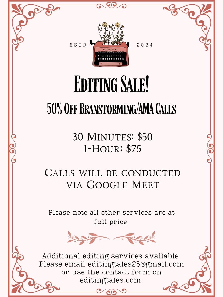 The sale I was talking about is here! More services will continue to be added so keep an eye out! While publishing slows down, now is the time to really tighten your stories and I would love to help. I am a former literary agent, have done several literary internships, and 1/2