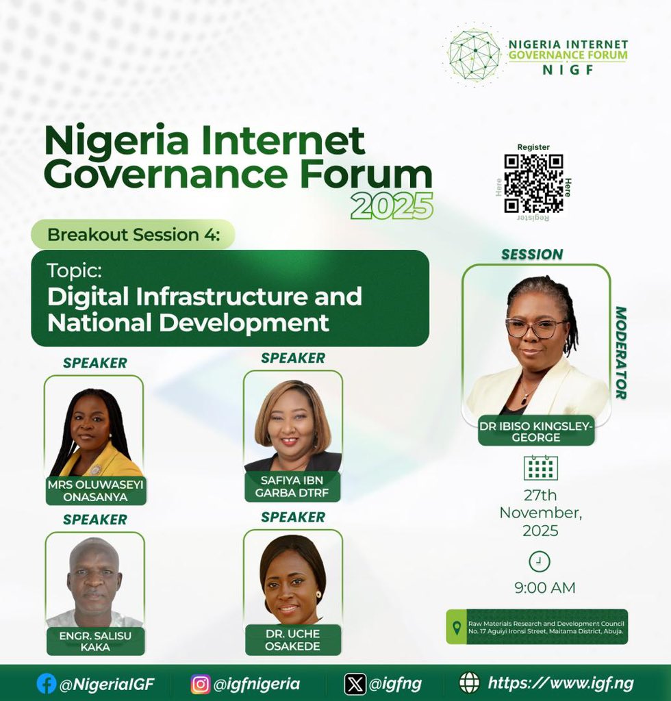 Excited to share that I’ll be speaking at the Nigeria Internet Governance Forum 2025! 🌐🇳🇬 

It’s time to move from Vision to Action.
Join me in person in Abuja or online! 🗓️ Nov 27 @ 9AM 🔗 Register: igf.ng
#NIGF2025 #DigitalGovernance

<a href="/eweinigeria/">EWEI</a> <a href="/igfng/">Nigeria Internet Governance Forum @igfnigeria</a>