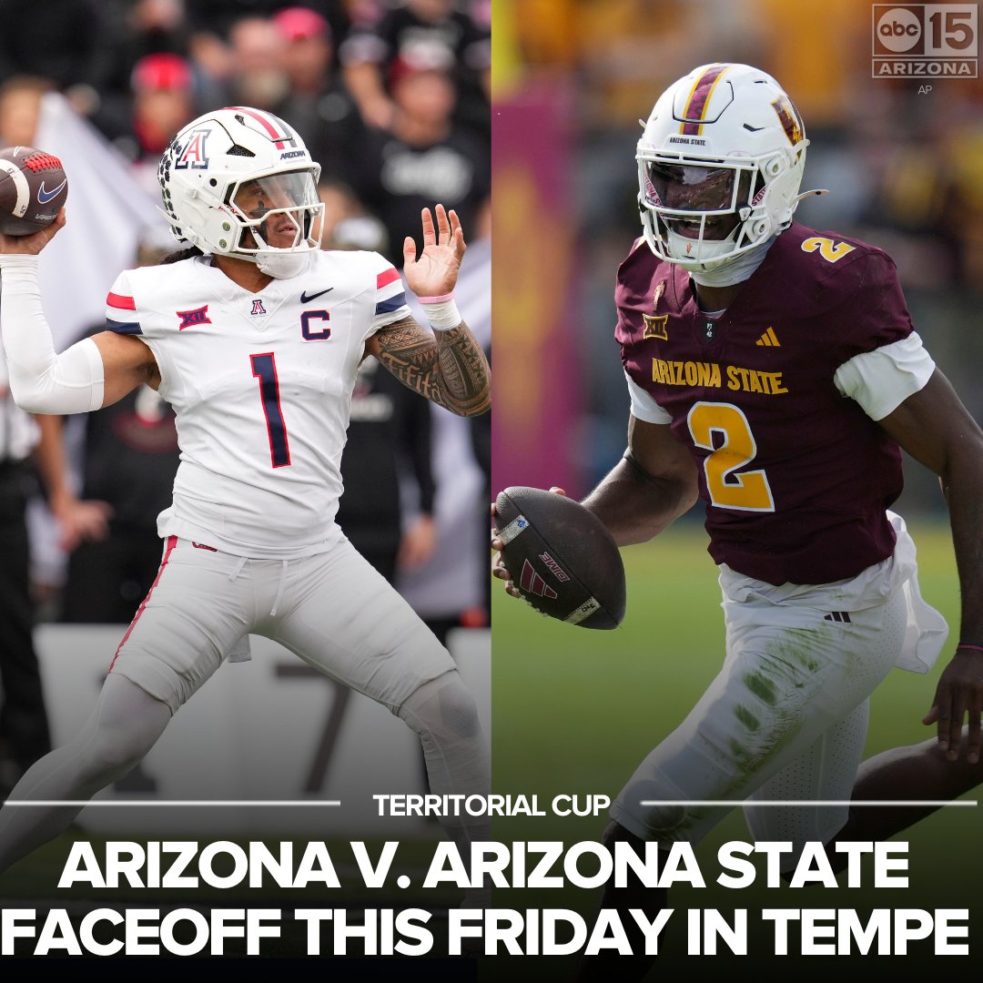 abc15's tweet photo. It's a rivalry dating back to 1899! The Territorial Cup between Arizona and ASU is Friday night in Tempe - one of the most anticipated rivalry games in a decade. https://t.co/shhSsCwQX8 

#ForksUp or #BearDown https://t.co/xtJyJhRvAU