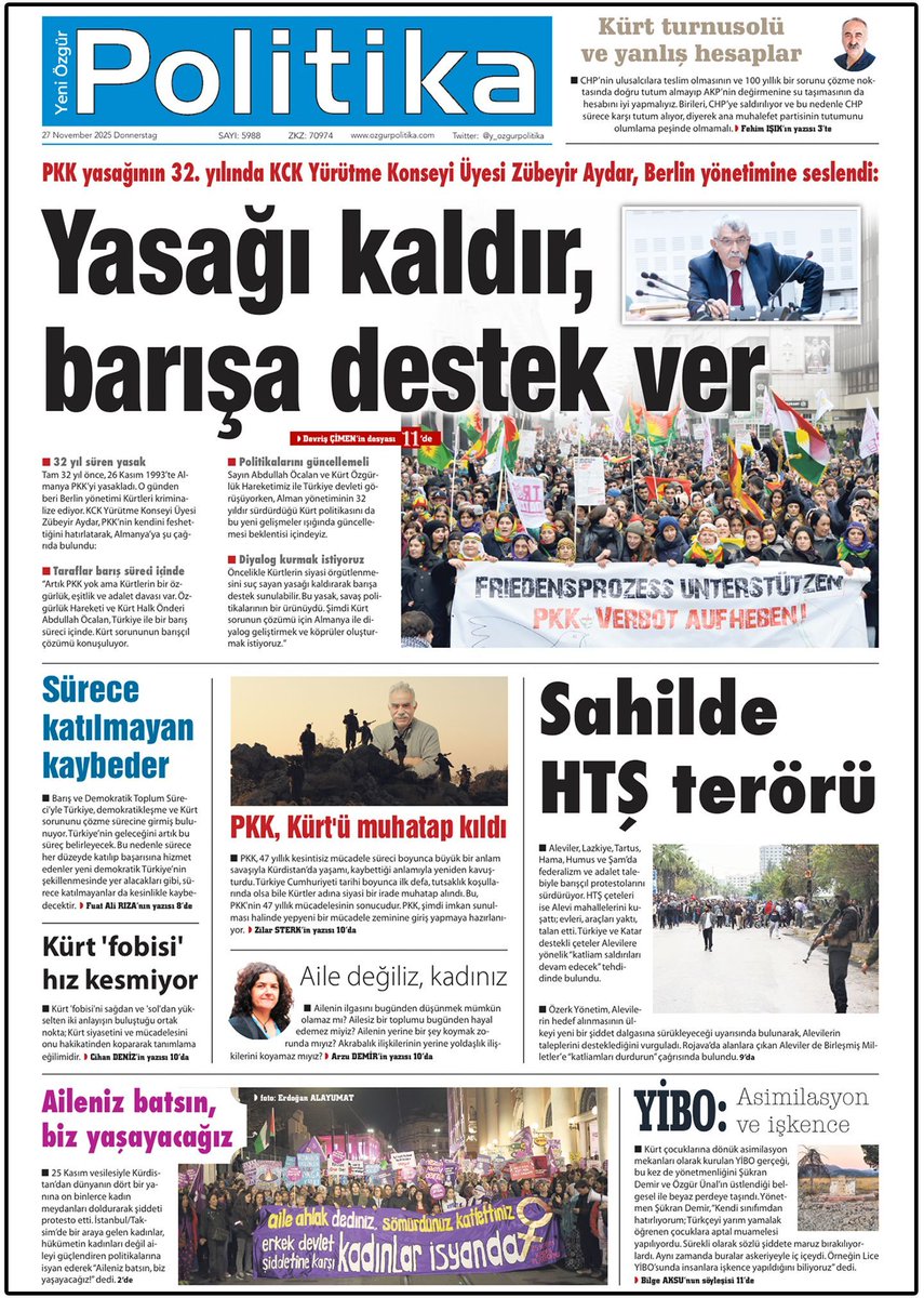 🔴MANŞET

📌Yasağı kaldır, barışa destek ver

◾️PKK yasağının 32. yılında KCK Y.K Üyesi Zübeyir Aydar, Berlin yönetimine seslenerek, “Öncelikle yasağı kaldırarak barışa destek sunulabilir. Şimdi Kürt sorunun çözümü için Almanya ile diyalog geliştirmek istiyoruz” dedi.