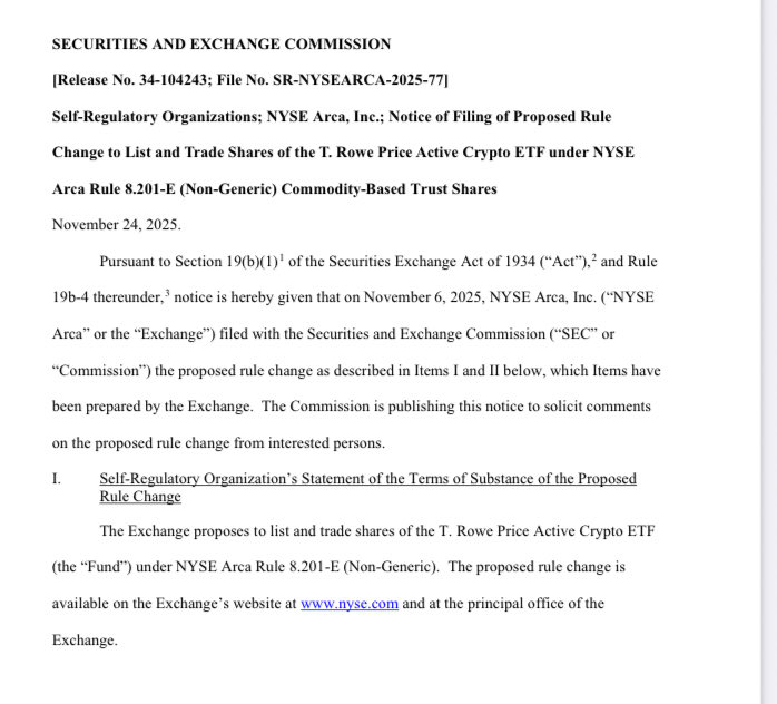FinancialPress_'s tweet image. 🚨 BREAKING: NYSE Arca has officially filed a 19b-4 to list the T. Rowe Price Active Crypto ETF 

The multi-asset fund that may include top tokens like $BTC, $ETH, $HBAR, $SOL, $XRP, and more.

What it could mean for markets:

• First major actively-managed crypto ETF from a…