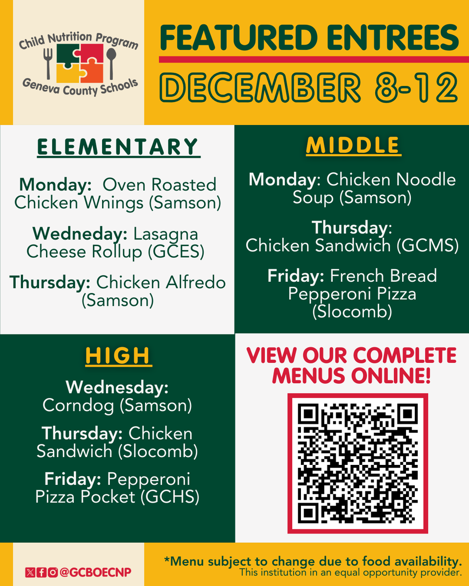 Experience deliciousness that's beyond ordinary. 🍴✨ 

Please see our complete menu on our website: linqconnect.com/public/menu/4G…

*Menus are subject to change due to food availability. Thank you for your patience and understanding!

<a href="/genevacoschools/">Geneva Co Schools</a> #GCBOECNP #GenevaAL