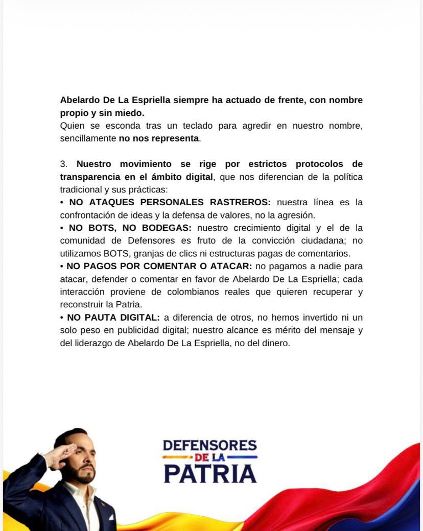 🚨ATENCIÓN🚨

Comunicado de prensa. La campaña de <a href="/ABDELAESPRIELLA/">Abelardo De La Espriella</a> y <a href="/defensoresco/">Defensores de la Patria</a> niegan cualquier vínculo con el dominio abelardistas.com. 

Este dominio “No es nuestro, no lo administramos, no lo financiamos y jamás hemos orientado contenido a través de esa plataforma.”