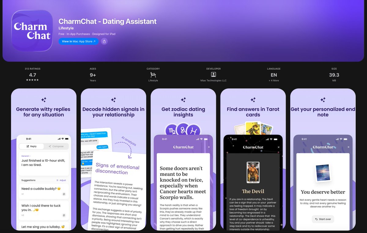onlinedopamine's tweet image. alright, now I think I&apos;ve truly seen it all

stumbled upon this slideshow promoting a dating app called charmchat

upon first glance, nothing weird about it

however, the app is not a typical dating app

instead of just giving you rizz advice, it also provides users with &quot;zodiac…