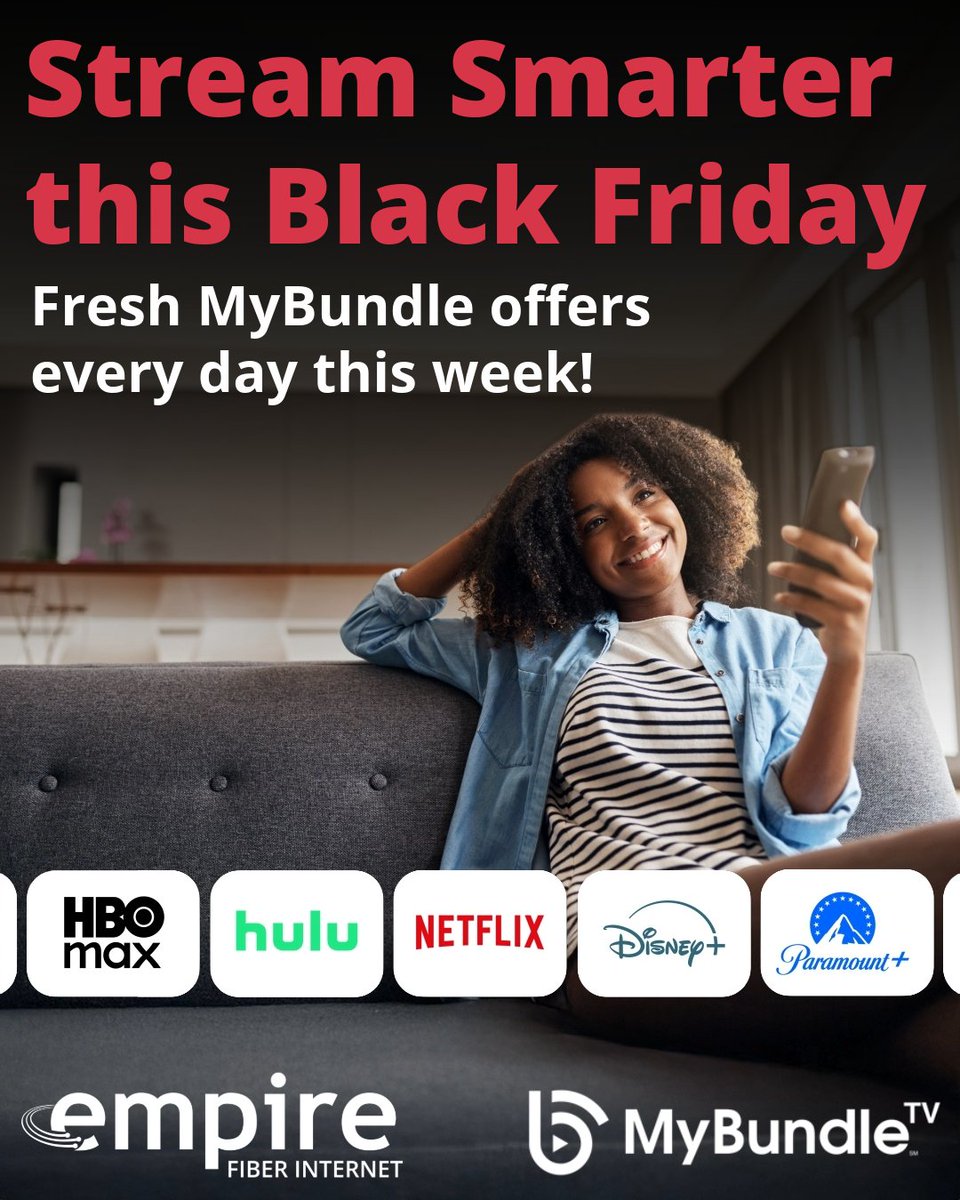 🔥 Stream Smarter this Black Friday!

Don’t miss your chance to save big on your favorite streaming services. 👀📺
Tap in, explore today’s deal, and upgrade your streaming game! 🎉 loom.ly/q7ZjzLw

#BlackFridayDeals #MyBundle #EmpireAccess #EmpireFiberInternet
