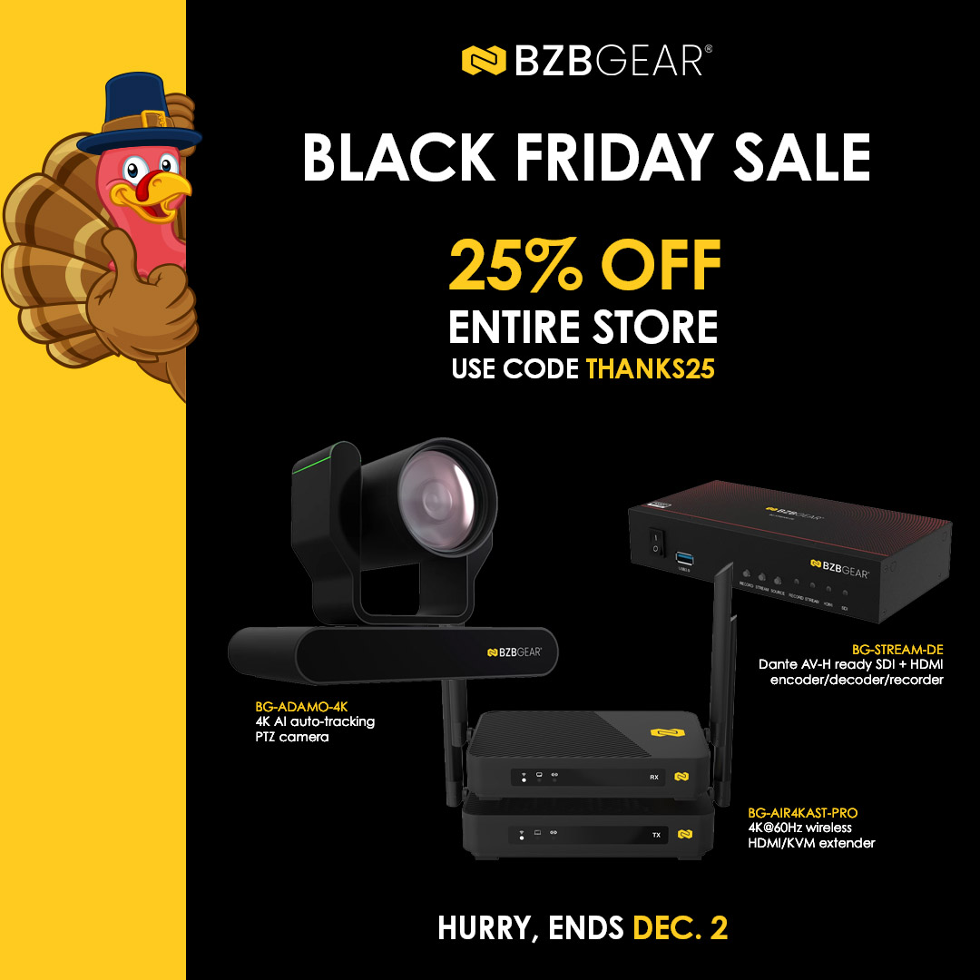 BZBGear's tweet image. Happy Thanksgiving Eve, gearheads! Enjoy 25% OFF thru Dec 2 w/code THANKS25. From video streaming gear to 4K60 HDMI/KVM wireless extenders, we have that something just for you. Happy shopping!

🐝⚙️
.
.
.
#AVTweeps #proAV #broadcasting #residentialAV #gaming #esports #BlackFriday
