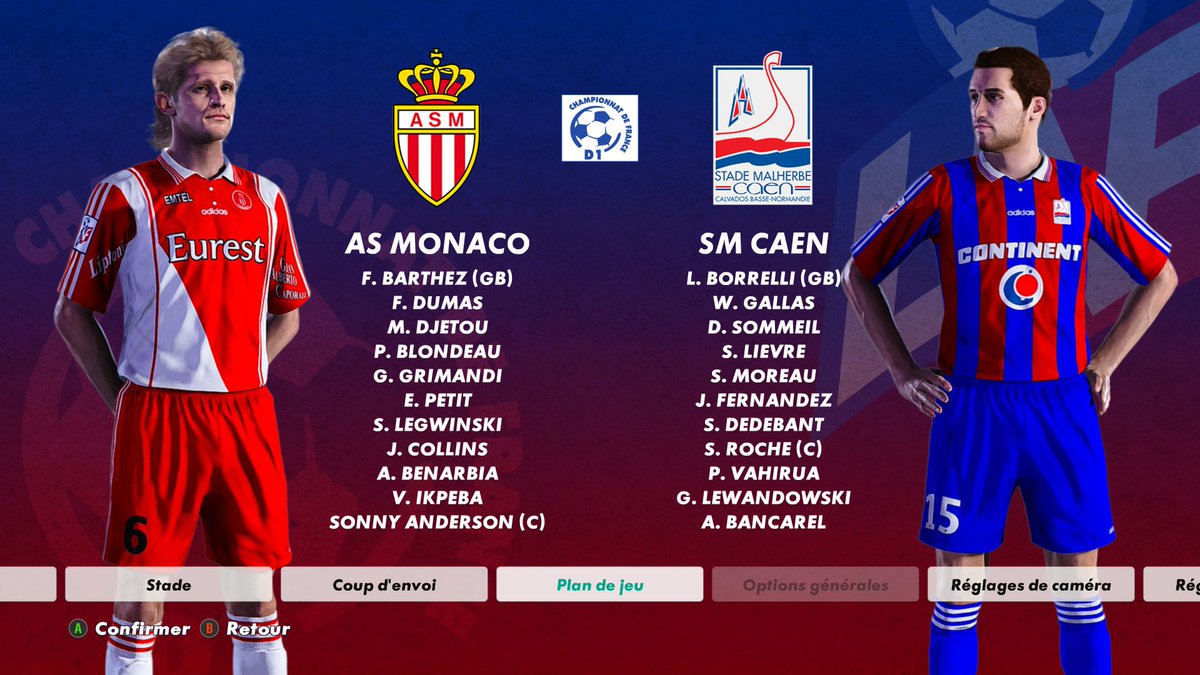 PESSimulation's tweet image. Sunny afternoon at Stade Louis-II as #Monaco host Caen in this 96-97 Ligue 1 clash. ASM chase a second win in three games, relying on their stars… but once again, the stands look worryingly empty. 🏟️⚽ #PAFASM