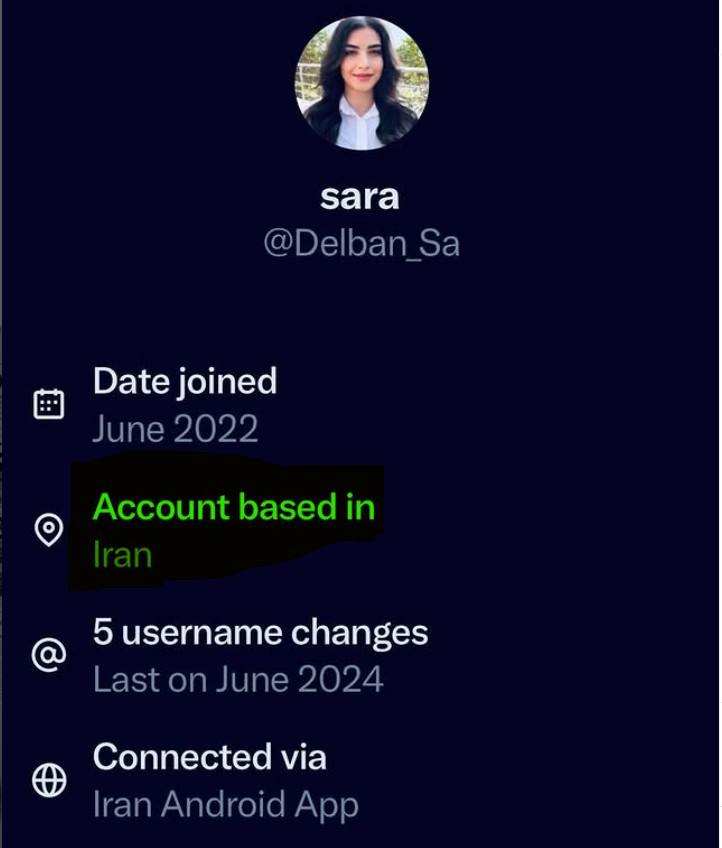 برای خیلی از ما کاملا روشن بود که صاحب این حساب، یک بسیجی ! سایبری رژیم است. اخیرا  که شبکه ایکس موقعیت جغرافیایی صاحب حساب را نشان می دهد، مشخص شد که این سارا ”خانم” در داخل ایران است. 😀
وی تا الان ادعا میکرد که پدر و مادرش مجاهد هستند و خودش «کودک سرباز» و در خارجه است.
