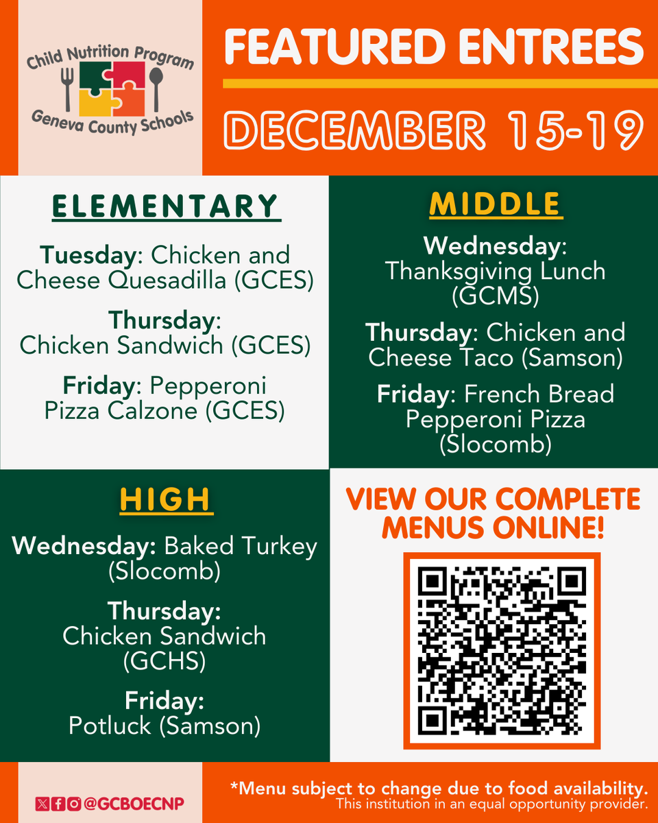 Lunchtime fun awaits at our cafeterias! See you soon, scholars! 🍽️👩‍🎓👨‍🎓

Please see our complete menu on our website: linqconnect.com/public/menu/4G…

*Menus are subject to change due to food availability. Thank you for your patience and understanding!

<a href="/genevacoschools/">Geneva Co Schools</a> #GCBOECNP