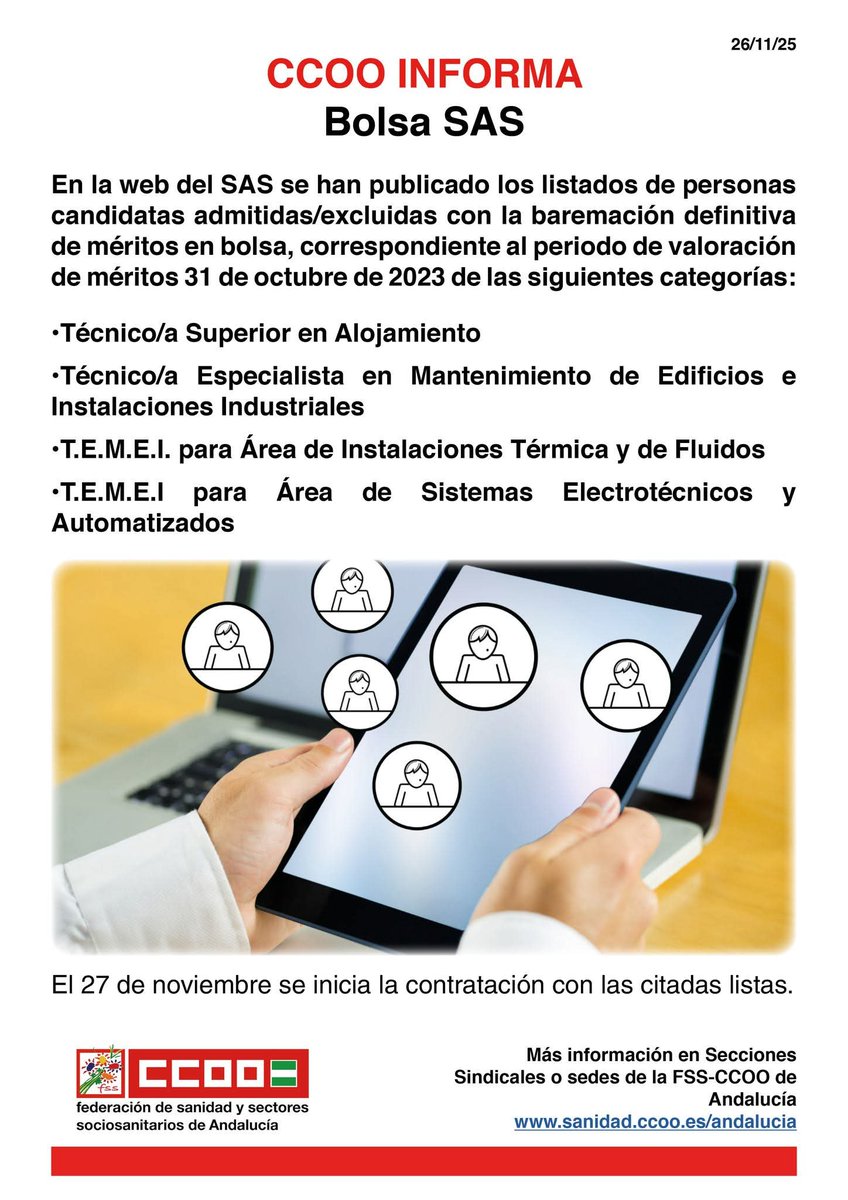 📌 CCOO Informa - Bolsa SAS

📄 Publicados listados definitivos de personas admitidas/excluidas para diferentes categorías

🗓 El 27 de noviembre se inicia la contratación

#CCOOTuSolución