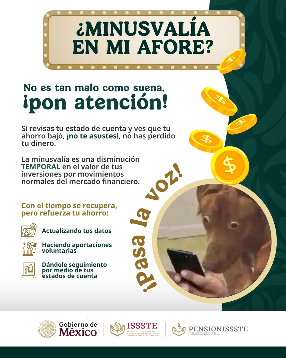 📉 Espera, ¿qué? 😐

Sin alarmarnos, hablemos de la minusvalía en tu Cuenta Individual Afore y de cómo fortalecer tu ahorro. 💪

😉 Pasa en todas las cuentas y administradoras, pero si estás en una Afore sólida como <a href="/PENSIONISSSTE_/">AFORE PENSIONISSSTE</a>, la única administradora pública y sin fines de