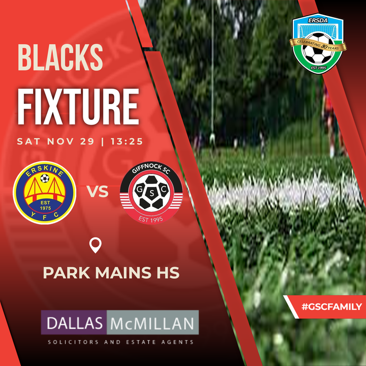 GiffnockSC2010's tweet image. 🔴⚫ Blacks Fixture Alert 🔴⚫

⚽ Erskine YFC United vs Giffnock SC Blacks

🌐 @erskineyouthfc
🏆 @ERSDALeague League Cup Rd 2
📅 Sat 29 Nov 2025
⏰ 13:25
📌 Park Mains HS

#gscfamily #HereWeGo