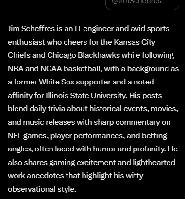 JimScheffres's tweet image. I very  much like Grok's summary of my Twitter account ♥️