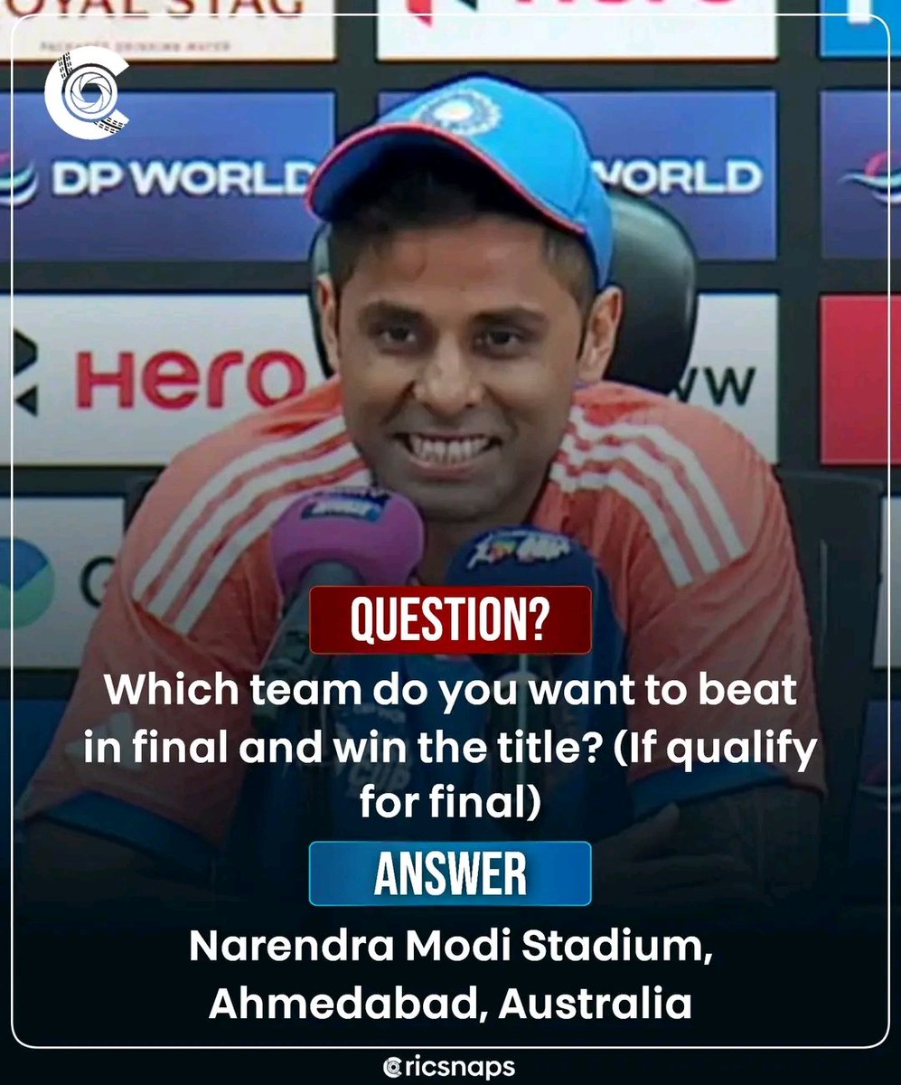 MMuhammadI79349's tweet image. Suryakumar Yadav sets his sights on defeating Australia in the World T20 2026 final 👀

#suryakumaryadav #INDvsAUSfinal #WC2026